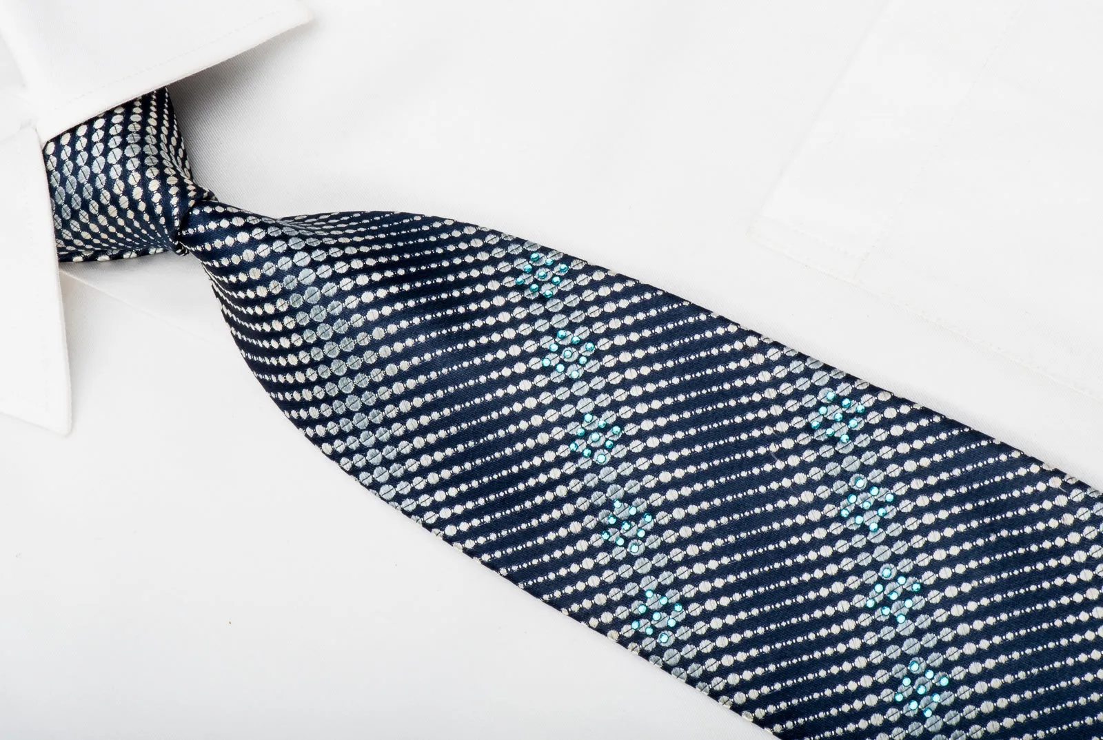 Win All Mens Rhinestone Silk Necktie Silver Dots on Navy With Silver Sparkles
