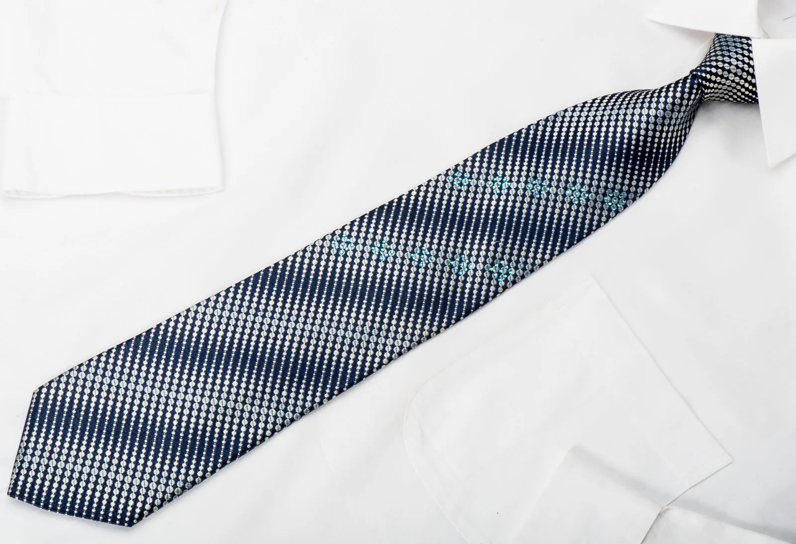 Win All Mens Rhinestone Silk Necktie Silver Dots on Navy With Silver Sparkles