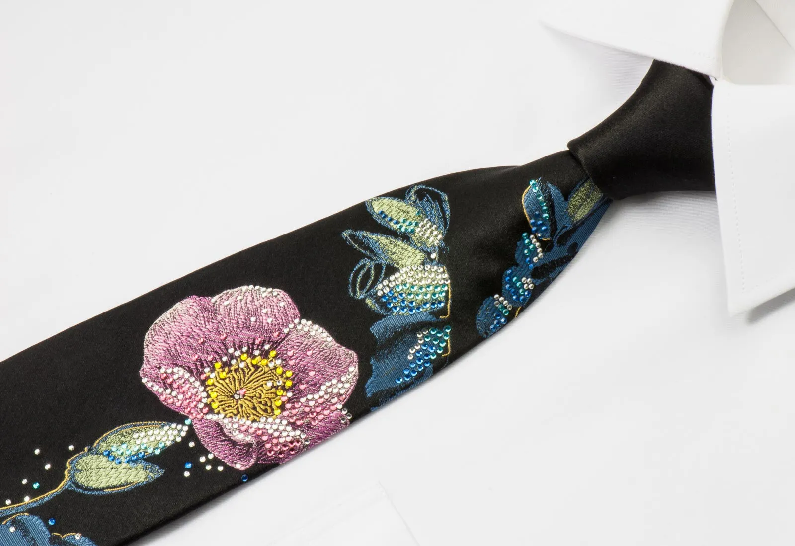 Y J Park Crystal Rhinestone Tie Floral On Black Silk