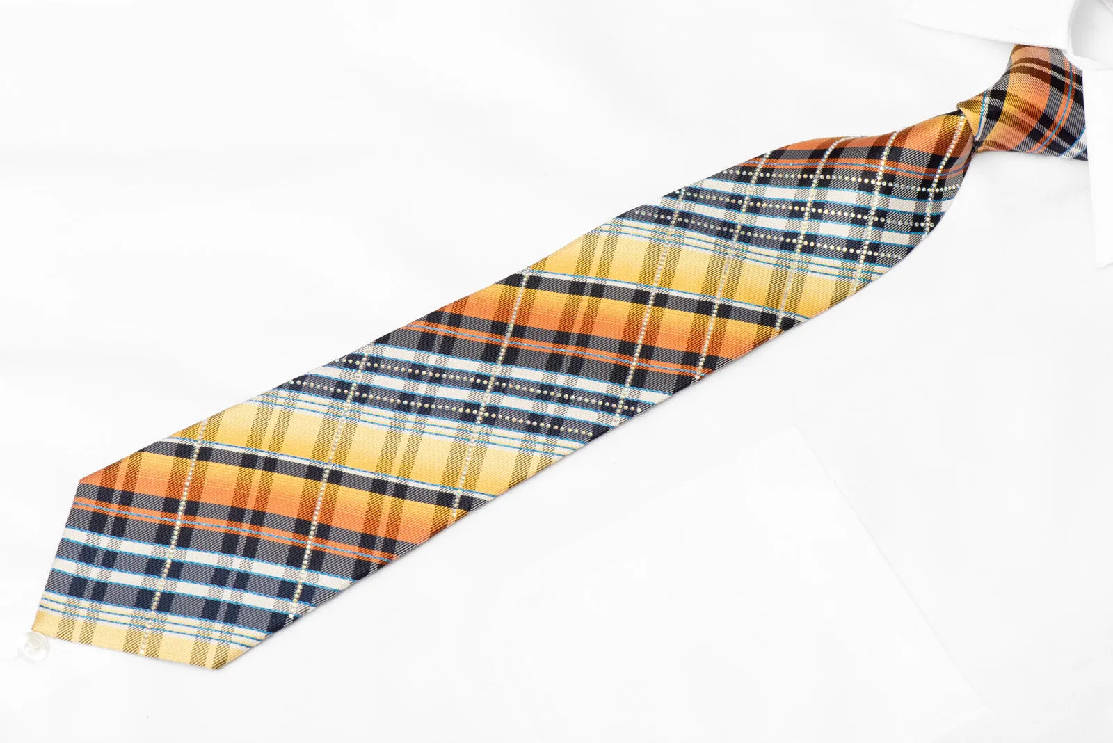 Yellow Orange Navy Silver Plaid Rhinestone Silk Tie With Blue Sparkles