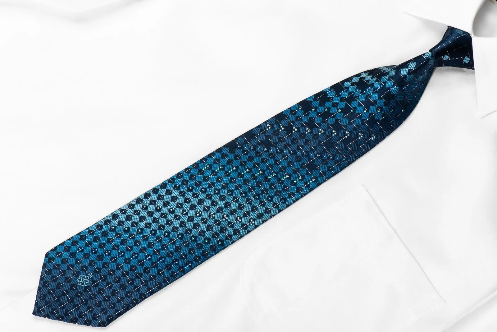 Yezak Men's Crystal Silk Necktie Blue Checkered With Silver Sparkles