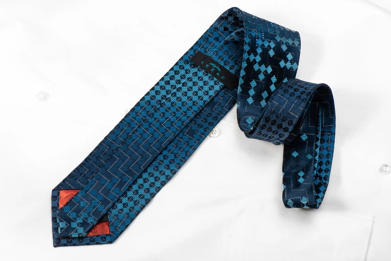 Yezak Men's Crystal Silk Necktie Blue Checkered With Silver Sparkles