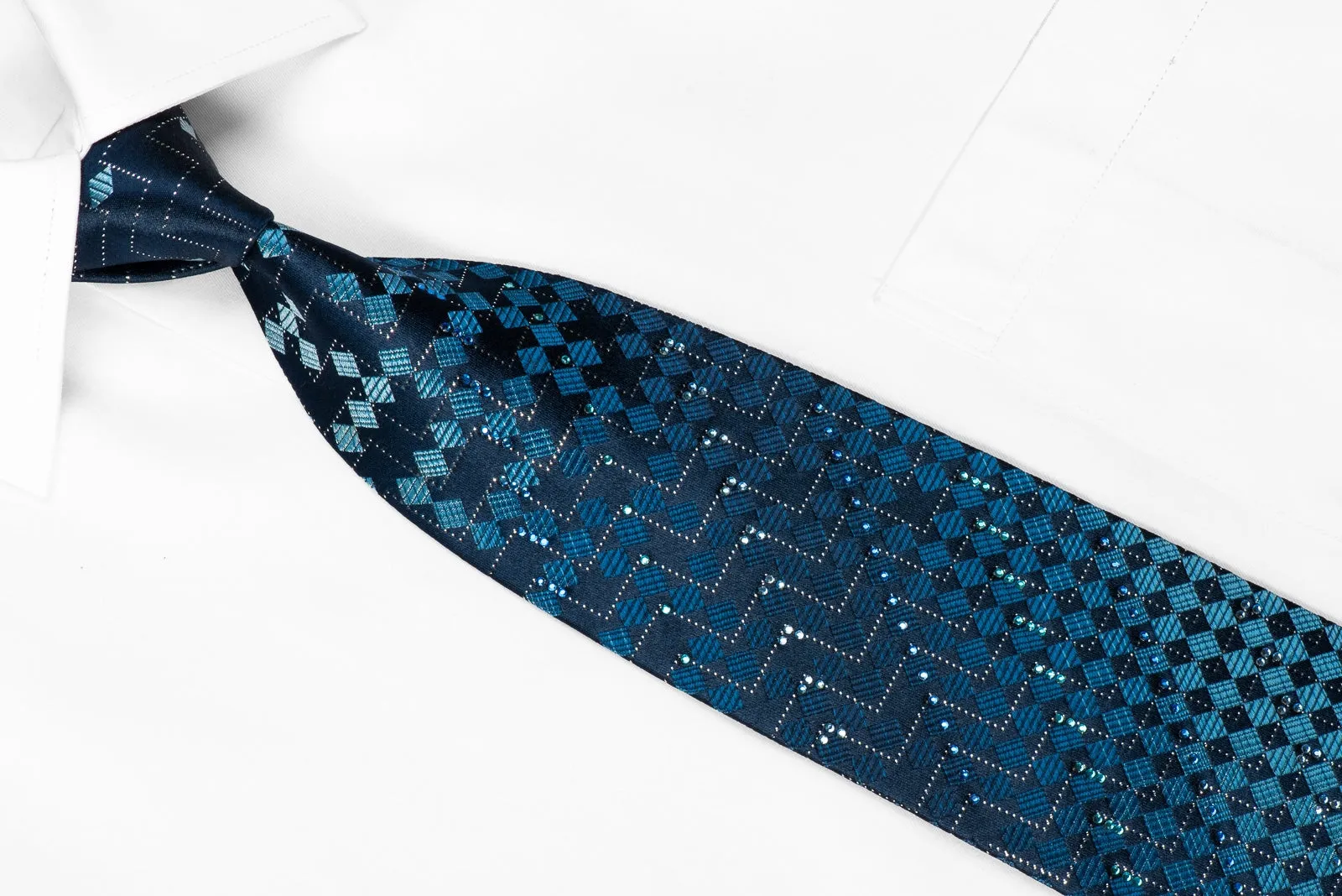 Yezak Men's Crystal Silk Necktie Blue Checkered With Silver Sparkles